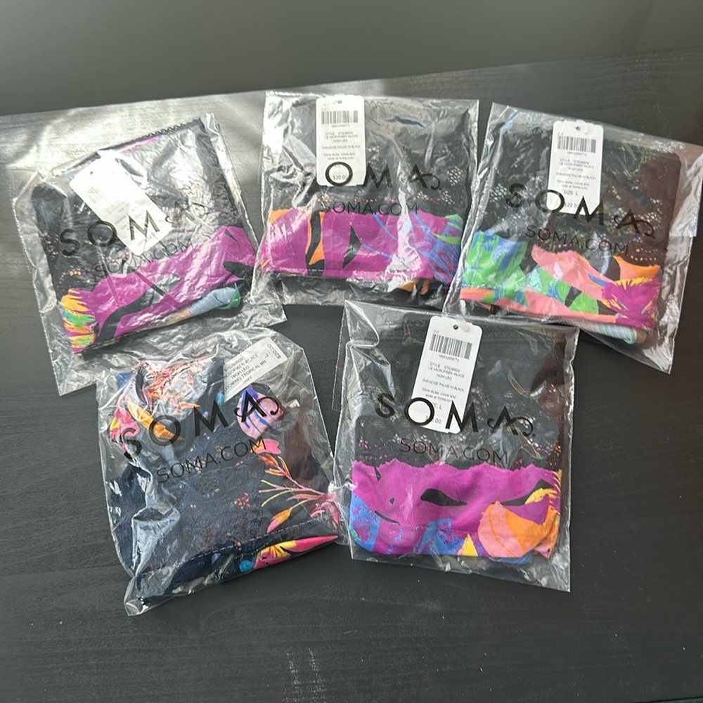 SOMA 5 pair panty- microfiber high leg paradise palms and blooming tropical lace